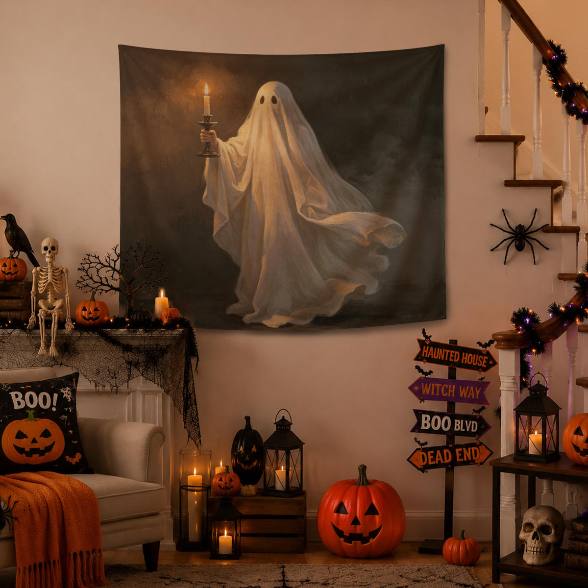 YTRGI YTRG Halloween Tapestry, Dark Academia Spook Ghost Tapestries Wall Hanging for Bedroom, Gothic Ghost Holding Candle Tapestry Wall Decor Backdrop for Living Room Home, 50x60 Inch
