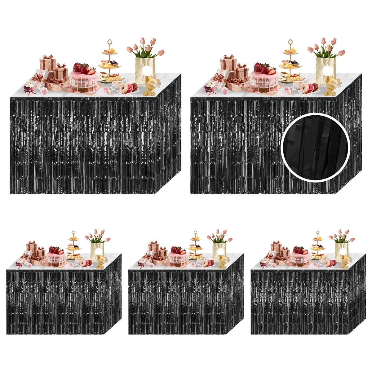 5 Pack Black Foil Fringe Table Skirt 29x108 Inch Metallic Foil Fringe Table Skirts Tinsel Streamer Curtains Backdrop Parade Floats Birthday Halloween Christmas Party Decoration (Black)