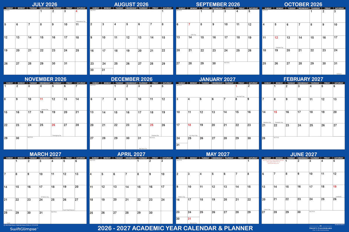 18x24 SwiftGlimpse 2026-2027 Academic Wall Calendar Dry Erase Erasable, Large, Wet & Dry Erase Laminated, Reversible, Yearly Planner JULY 2026 to JUNE 2027 ONLY