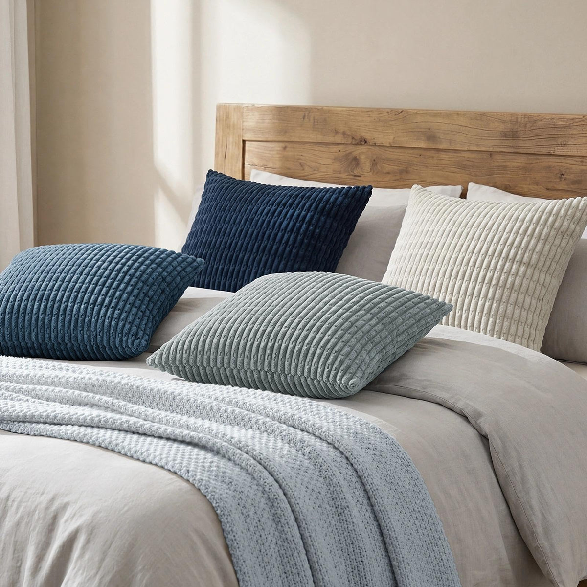 Softalker Throw Pillow Covers 18x18 Inch, Set of 4, Corduroy Soft Striped Farmhouse Boho Pillow Cover, Modern Decorative Cushion Pillow Case for Couch Sofa Bedroom Living Room, Grey/Blue