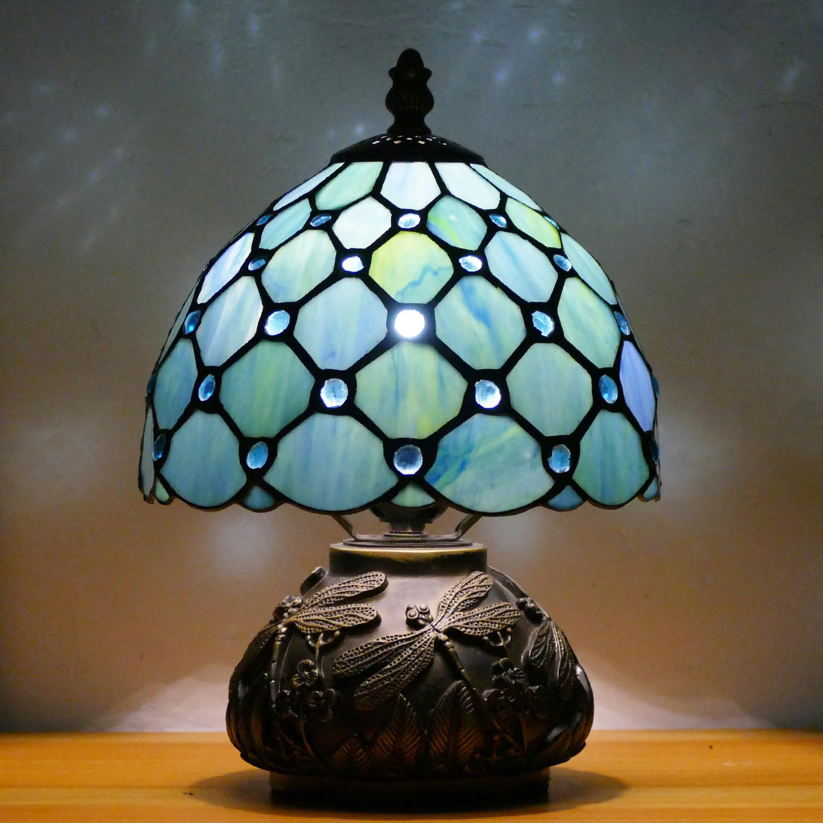WFAYNTIFL Small Tiffany Lamp Mini Stained Glass Table Lamp Sea Blue Pearl Style Mushroom Memory Sympathy Lamp 8X11 Inch