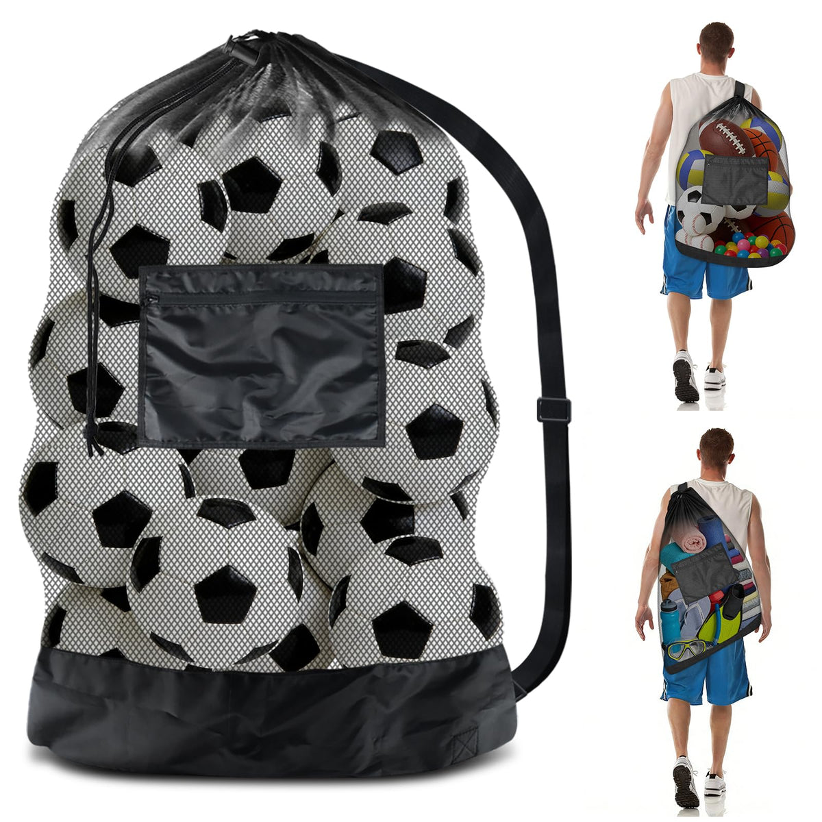 BROTOU Heavy Duty Soccer Ball Net Bag Drawstring Mesh Ball Bag with Zipper Pocket, Sports Equipment Storage Organizer Hold for Gym, Cloth, Beach, Swimming Gears (1pc-Durable Upgrade)