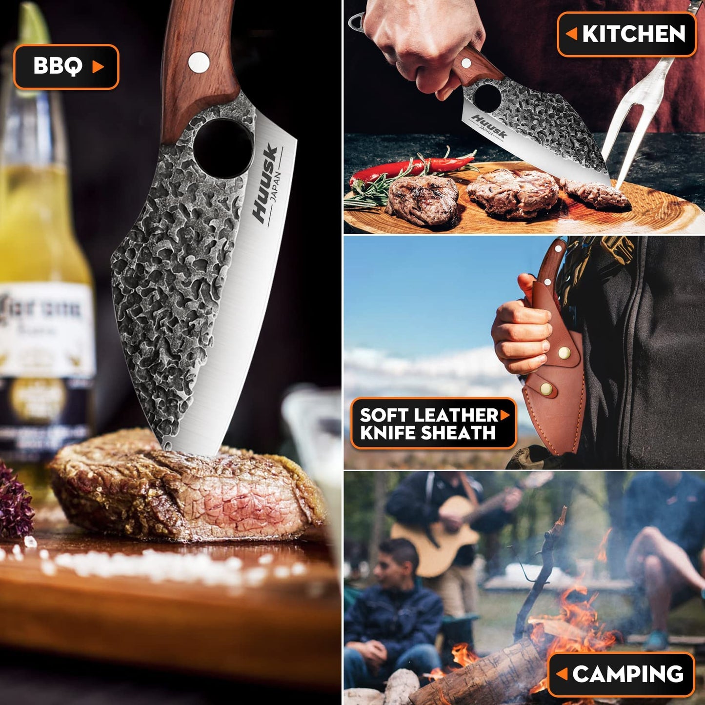 Huusk Hand Forged Meat Cleaver - Butcher Knife for Meat Cutting, Japanese Kitchen Viking Knife with Sheath, Cooking Knives for Kitchen and Outdoor Camping, Thanksgiving Christmas Gifts
