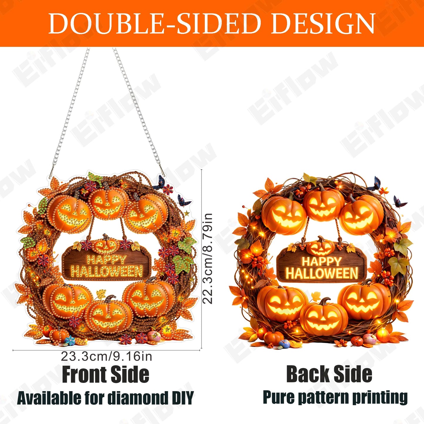 Eiflow Diamond Art Hanging Kit for Adults Halloween Wreath, DIY Diamonds Pearl Painting Door Hanger Board Kit, Special Crystal Diamond Art Painting Pendant Ornament (Happy Halloween)