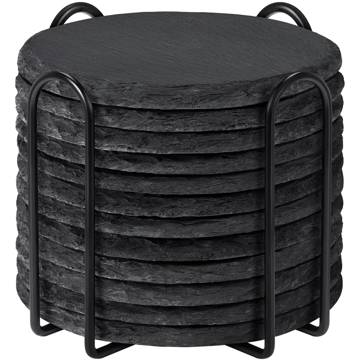 Slate Coasters with Holder, MAPRIAL 4 Inch Coaster Set of 12 Round Black Slate Stone DIY Coasters with Anti-Scratch Backing for Halloween Christmas, Bar, Kitchen, Home Decor, Gifts for Mom, Dad
