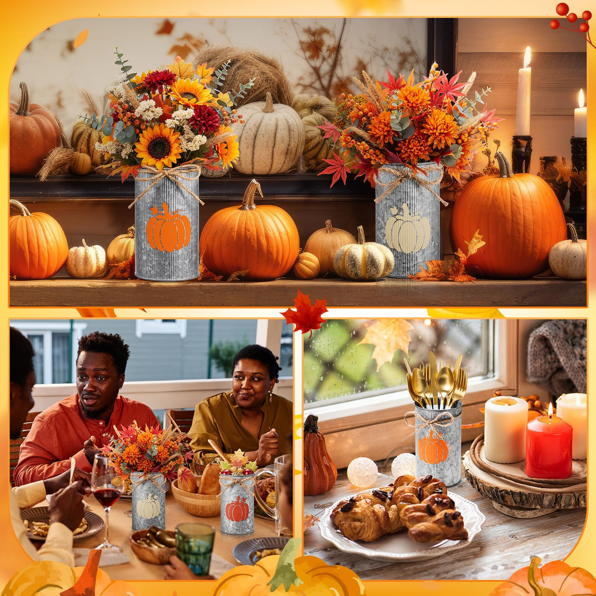 Domensi 12 Pcs Fall Table Centerpiece Pumpkin Vases Thanksgiving Decor Galvanized Metal Vases for Flowers Farmhouse Mason Jars Utensil Holder for Fall Home Thanksgiving Autumn Harvest Decorations