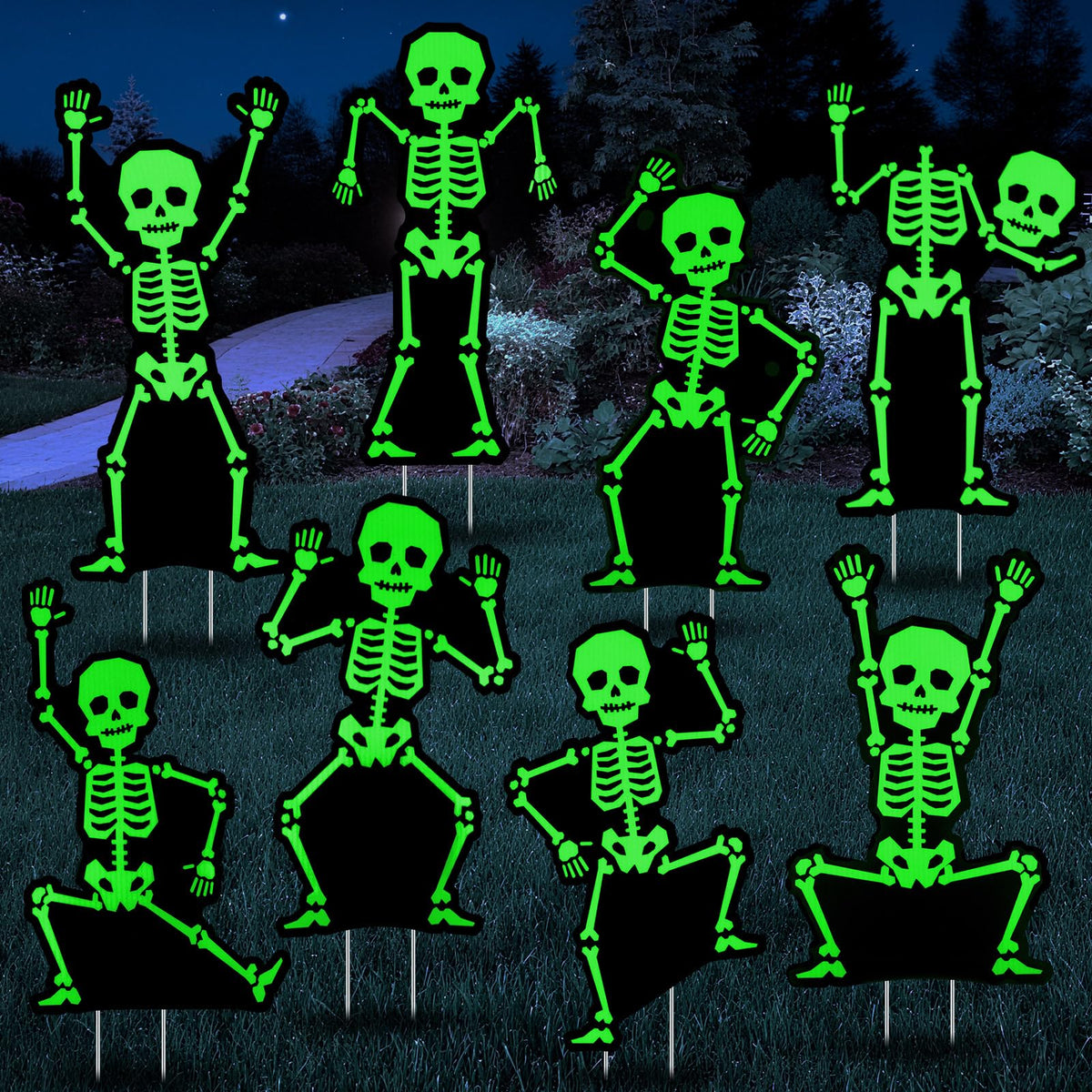 Jetec 8 Pcs Halloween Outdoor Decorations Glow in The Dark Skeleton with Stakes Luminous Halloween Graveyard Decoration Funny Skeleton Yard Signs for Outdoor Lawn Yard Garden