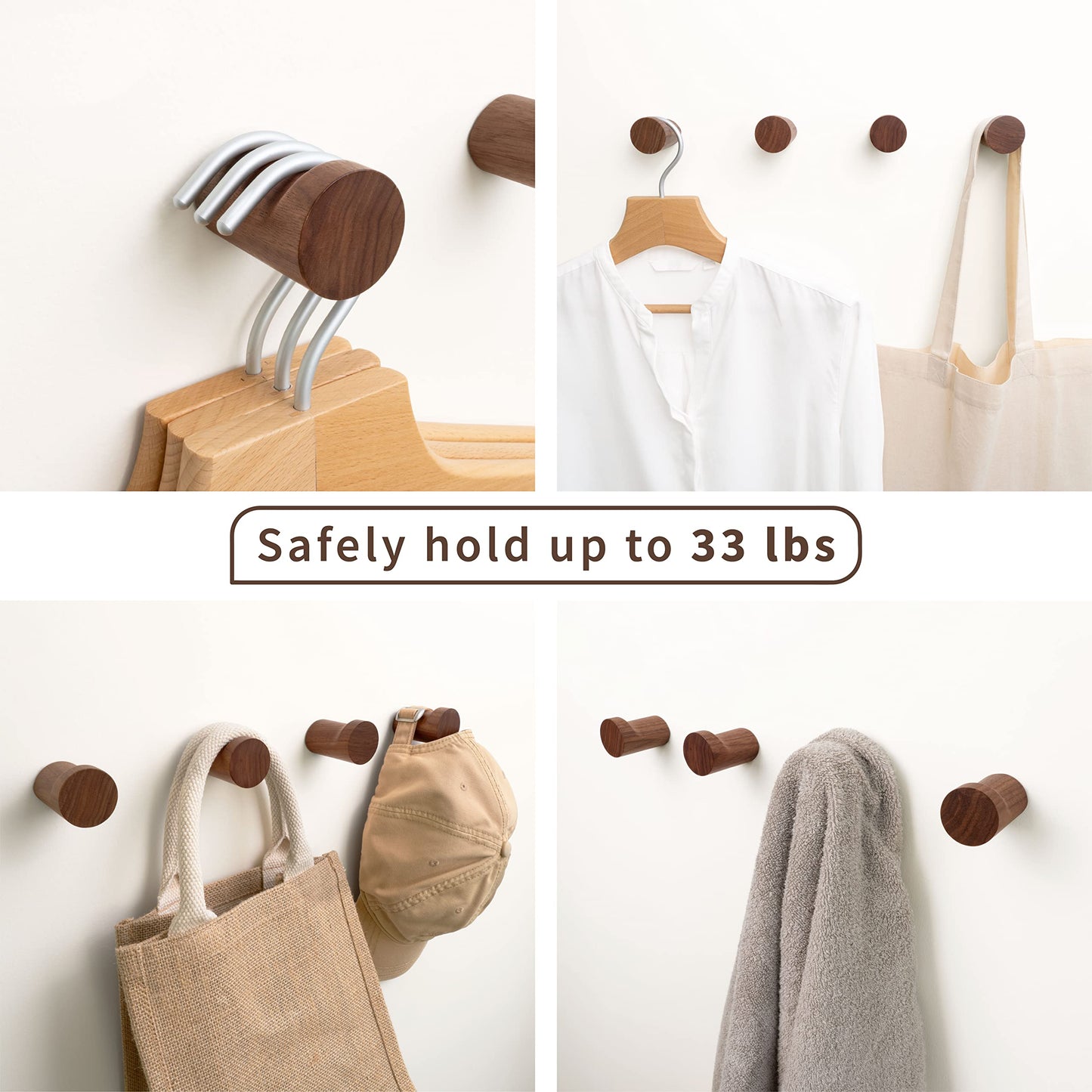 NAUMOO Natural Wooden Wall Mounted Hooks - Pack of 4 - Modern - Handmade Decorative Wood Pegs Minimalist for Hanging Hat, Coats (Black Walnut Wood)
