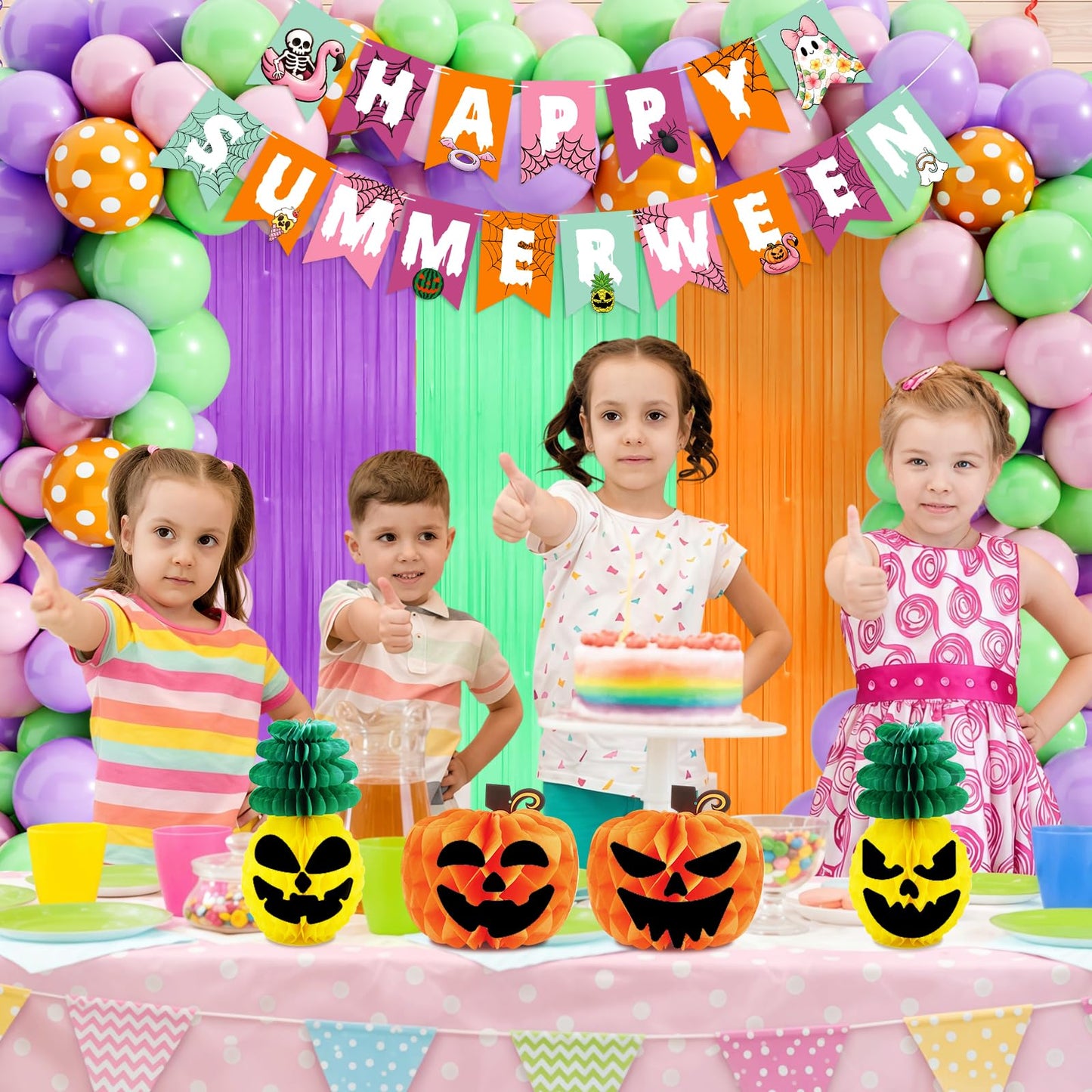 91Pcs Summerween Decorations Set - Summer Halloween Party Decorations with Happy Summerween Banner, Ghost Pineapple Balloons, Honeycomb Balls & Swirls - Spooky Summer Party Supplies for Birthday