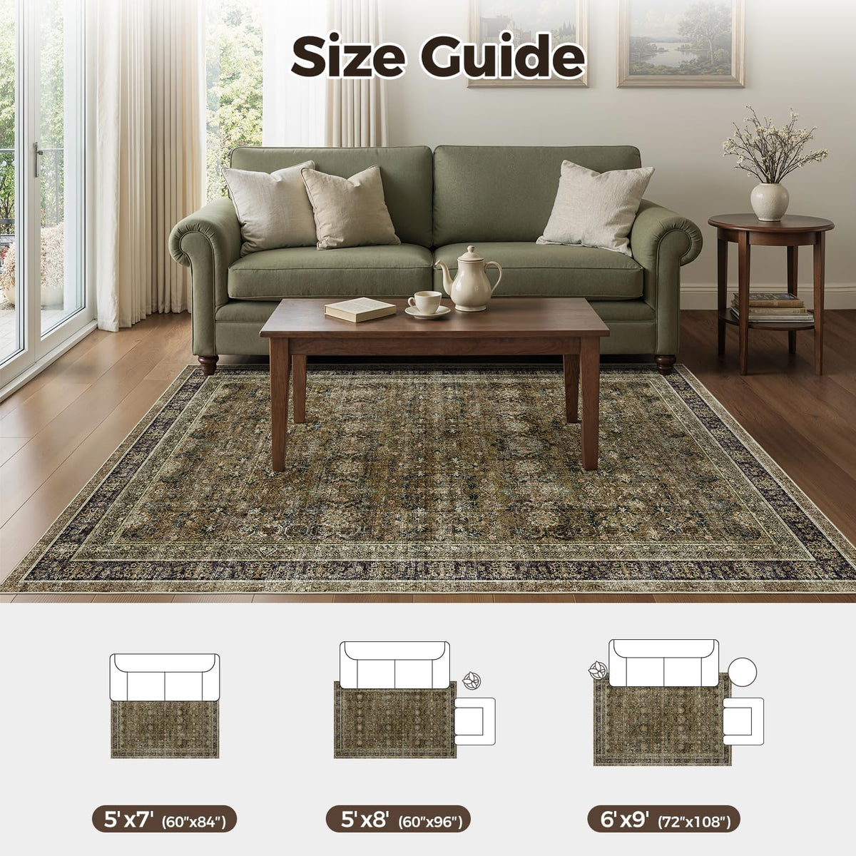 WITSHOCK 5x7 Area Rugs for Living Room: Vintage Modern Boho Moody Retro Antique Farmhouse Dark Carpet, Non-Slip Low Pile Stain Resistant Rug for Bedroom Dining Under Table, Brown Olive Green
