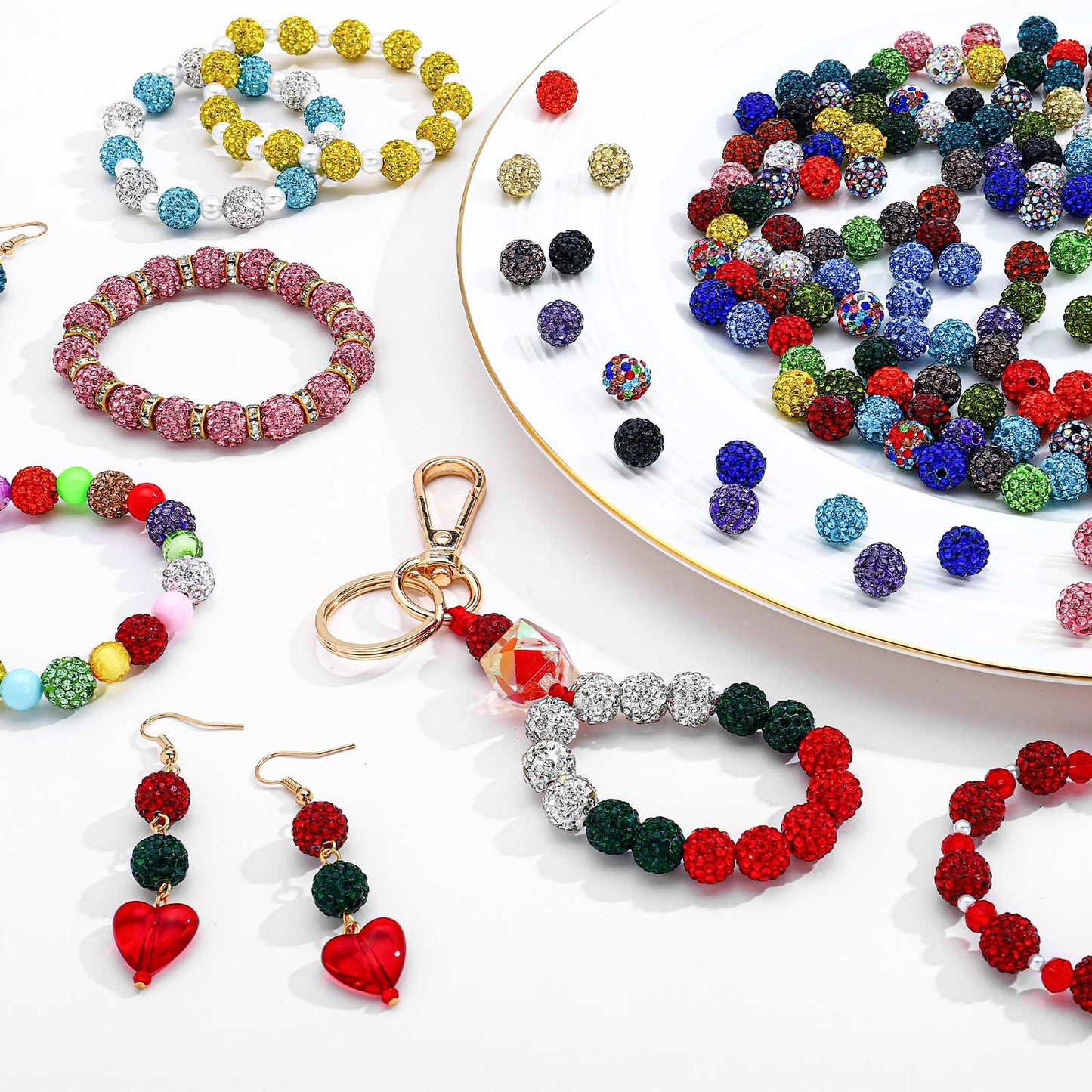 MINIMISSMIANYC 180PCS Rhinestone Beads Jewelry Making kit，10mm Crystal Color Round Sparkle Clay Beads Disco Ball Bulk Baseball Necklace Bracelets Earrings Keychain Bag Charm DIY Crafts