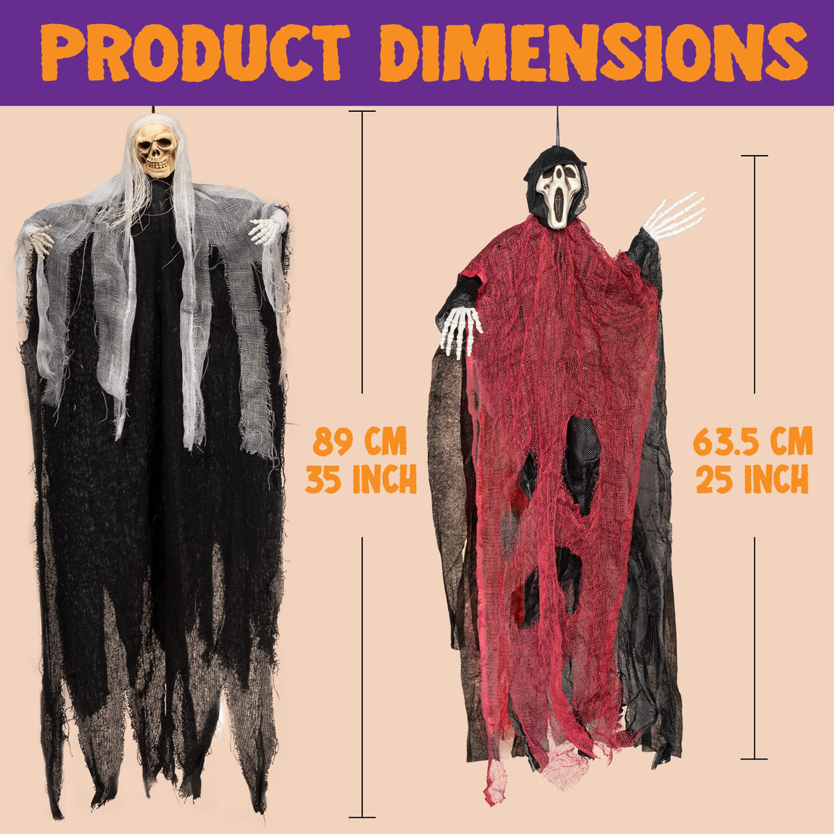 JOYIN 3 Pack Hanging Skeleton Ghost Halloween Decorations,Grim Reapers for Halloween Outdoor Decorations(One 35" Hanging Ghost Skeleton and Two 25" Hanging Reapers)
