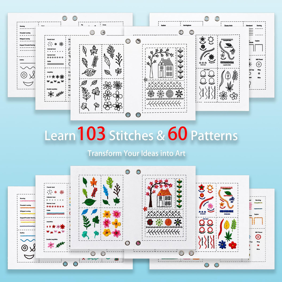 2026 Upgraded Embroidery Stitch Book Kit with 8.27"x10.65" Portable Loose-Leaf Cover, 103 Stitches & 60 Patterns, All-in-One Hand Embroidery Kit for Beginners with Tools & Step-by-Step Video Tutorials