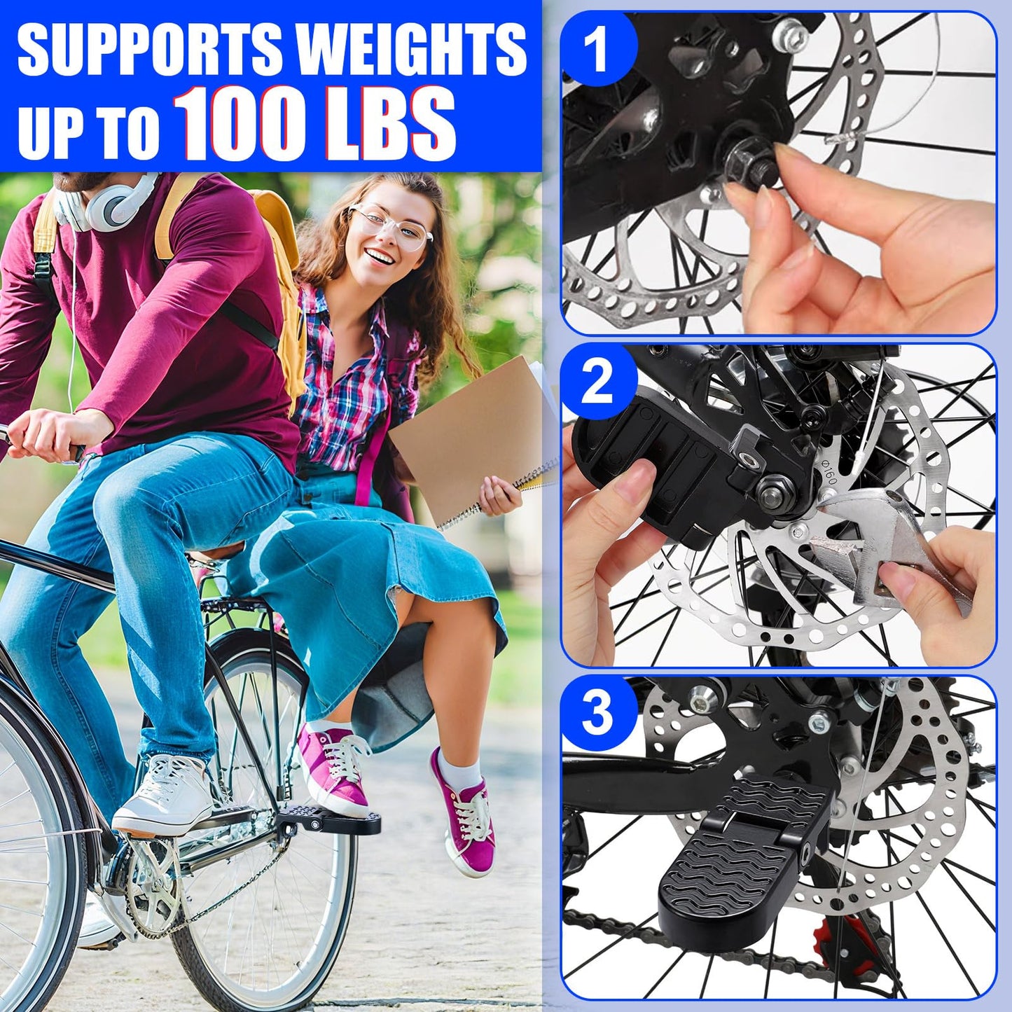 TOBWOLF 2PCS 10MM U Slot Bike Rear Pedals, Aluminium Alloy Bicycle Foot Pegs, Non-Slip Foot Pegs for Passenger, Folding Rear Bike Footrest Pedals for E-Bike, Mountain Bike, Folding Bicycle
