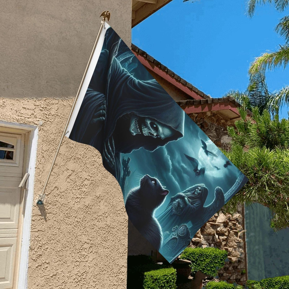 BOXIMIAO Reaper And Black Cat At Cemetery Flag 3x5 Ft Outdoor Polyester Garden Flag Double Sided Banner For Yard Lawn Porch Balcony Home Decorations
