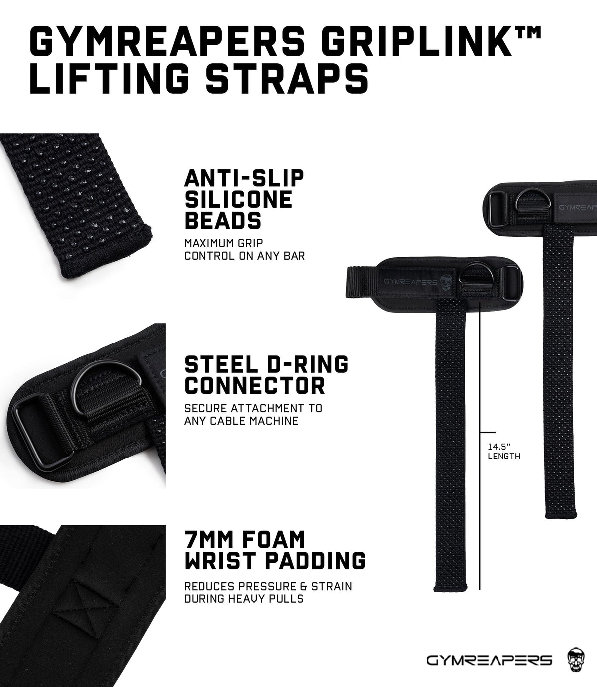 Gymreapers GripLink Lifting Straps, Black/Black