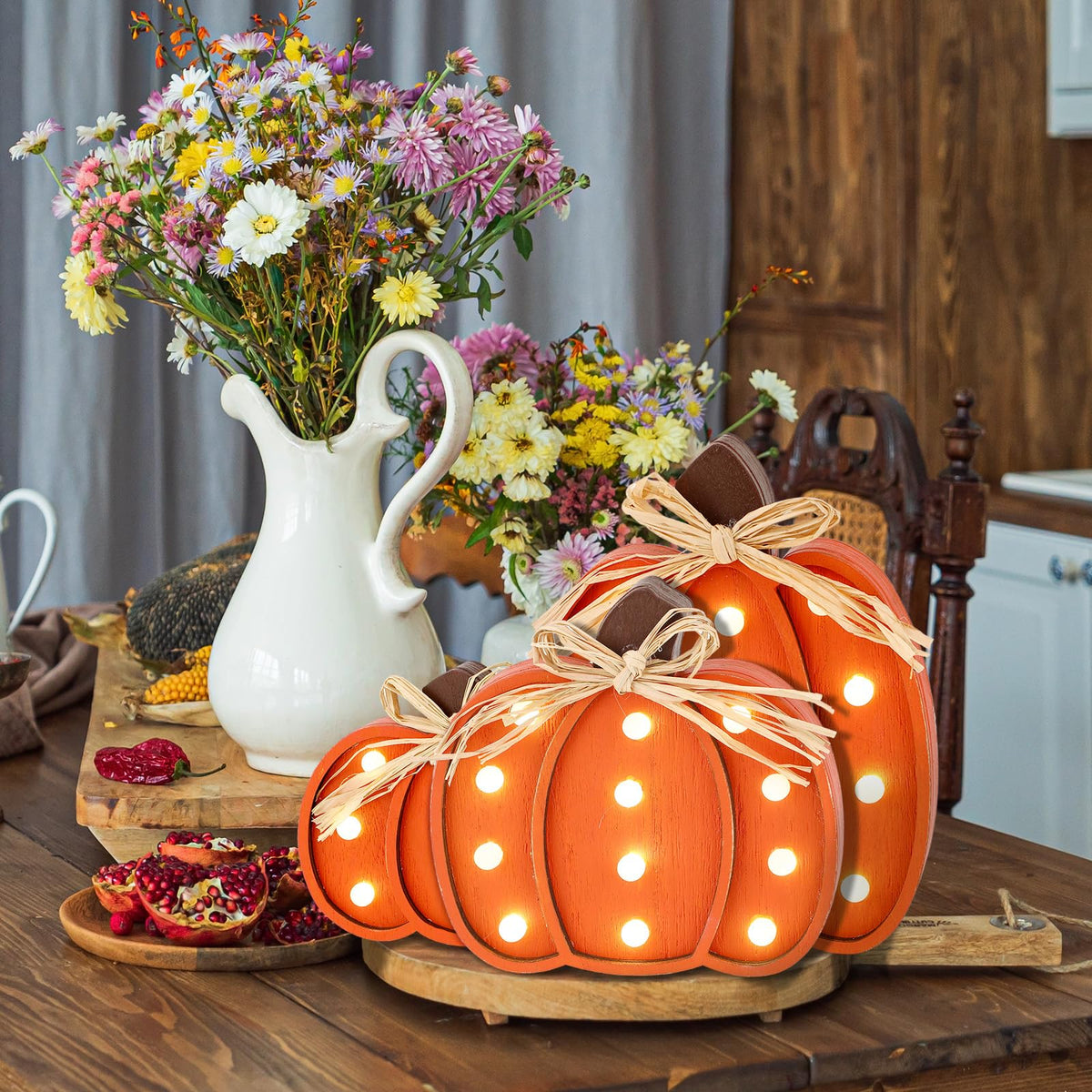 Grinsvalley 3 Pcs Light up Fall Pumpkin Decor Table Centerpieces Wooden Pumpkin Block Sign Rustic Tiered Tray Decorations Standing for Autumn Harvest Farmhouse Fall Mantel Desk Office Party