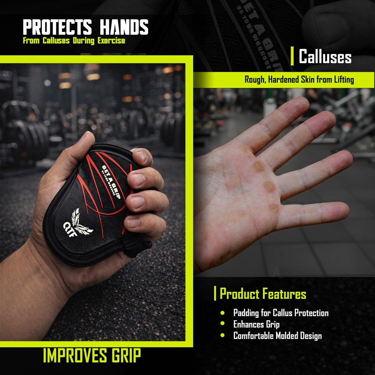 QTF Lifting Grips for Weightlifting Rubber Gloves Gym Palm Protector Grip Pads Replacement of Workout Gloves for Men & Women - Pads for Gym Weightlifting, & Pull Ups (Black/White)