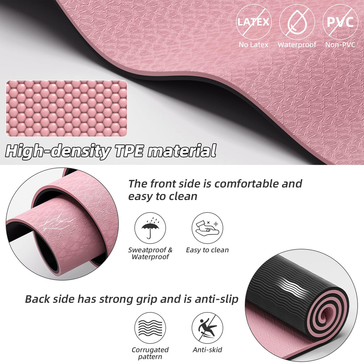 WUWAN Large Yoga Mat 75"x 40"x10mm (2/5 inch) – Extra Thick & Wide, TPE Fitness Mat, Printed Non-Slip Exercise Mat with Carrying Strap for Men & Women, Pilates, Stretching, Fitness & Workout (pink/black)