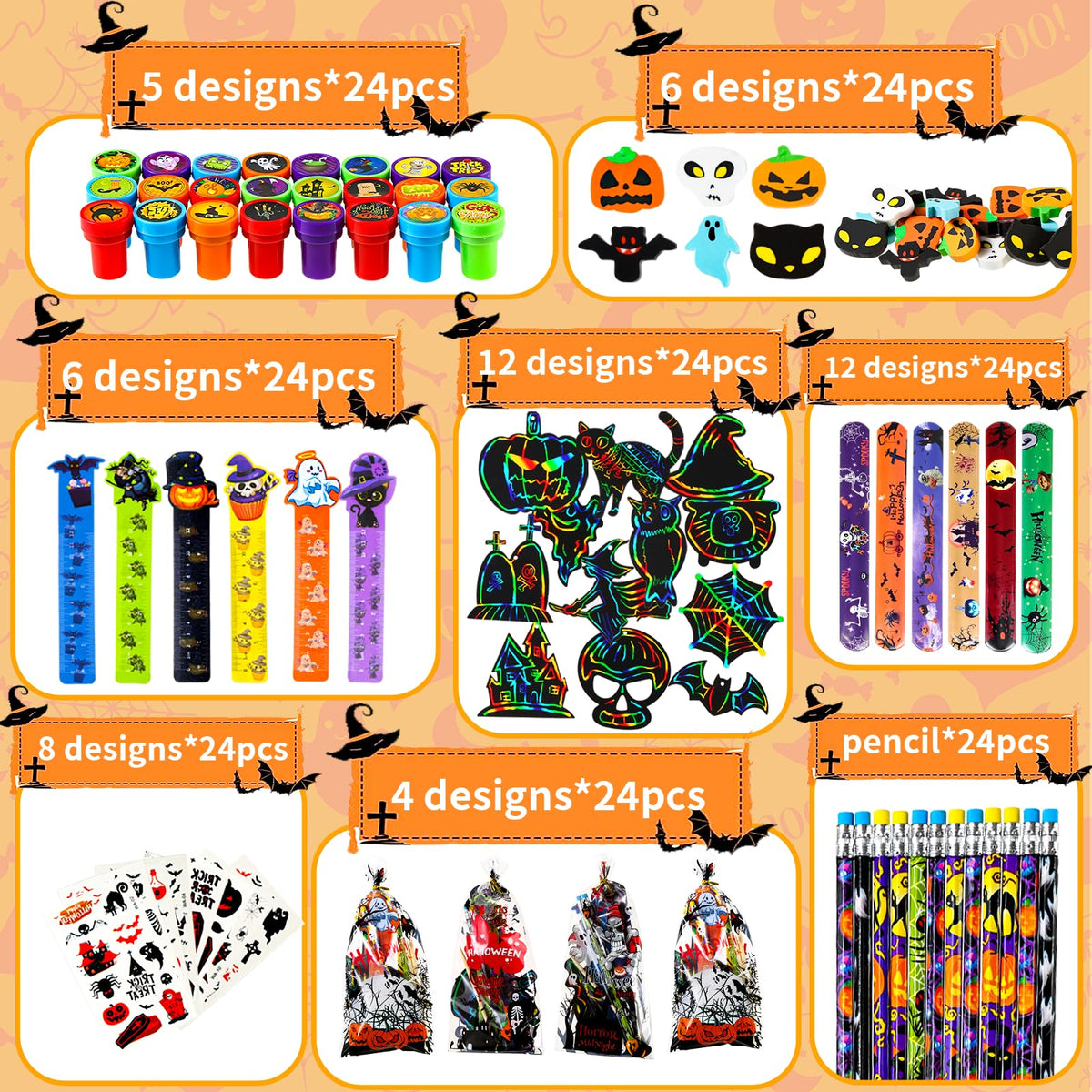 SHODMI 192Pcs Halloween Favors Stationery Gift Set, Trick or Treat Gifts for Kids, Halloween Party Favors for Kids Classroom Prizes Bulk Halloween School Supplies Goodie Bag Stuffers Fillers