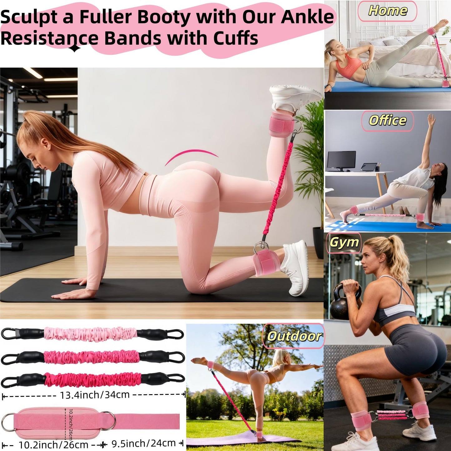 Ypdroy Ankle Resistance Bands with Cuffs Set, Resistance Bands Small Yoga Ball Massage Ball Headband, Ankle Bands for Workout Leg Butt Training,Women Fitness Equipment Home Gym Pilates (Pink)
