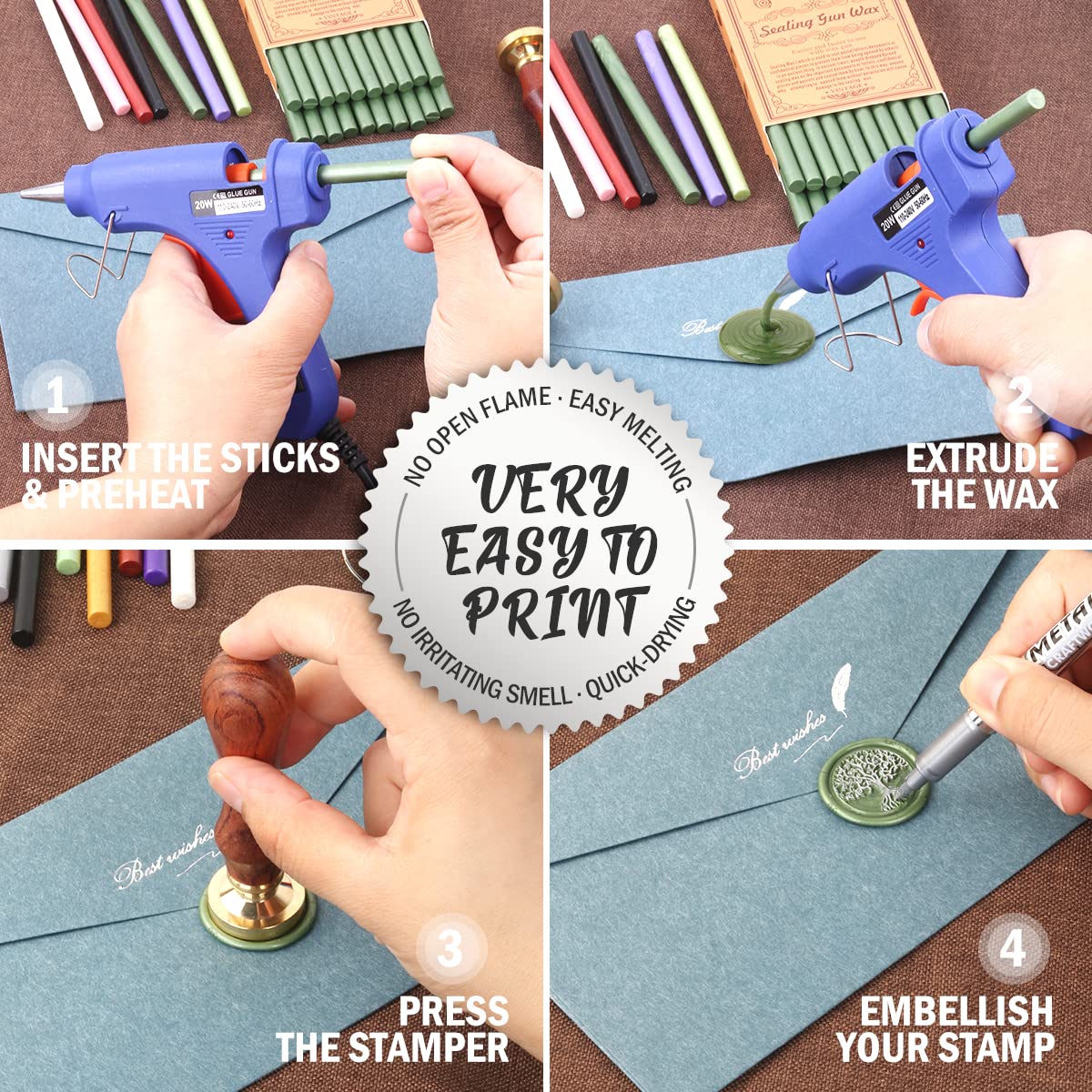 Wax Seal Kits, Wasole 20Pcs Gold Sealing Wax Sticks with 1 Pieces Glue Gun Set for Wax Seal Stamp, Great for Wedding Invitations, Birthday Cards, Envelopes, Gift Wrapping