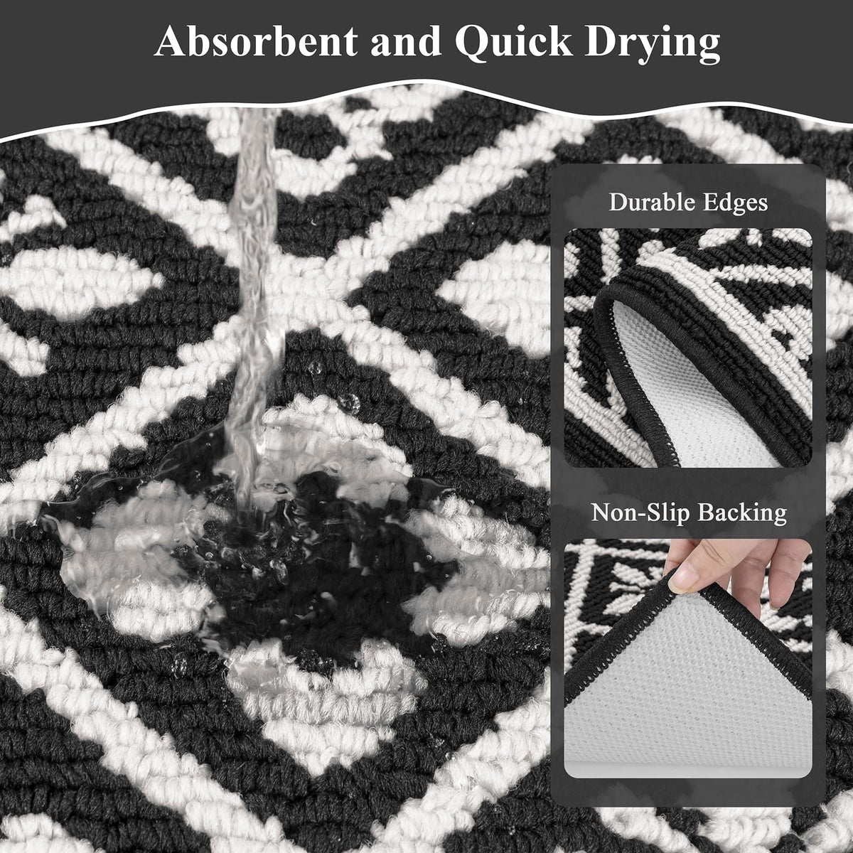 Ileading Kitchen Mat Sets 3 Piece Minimalist 3D Lattice Kitchen Floor Rugs with Non Slip Rubber Backing Machine Washable Farmhouse Runner Rugs for Laundry Hallway Doormat(G Black&White)