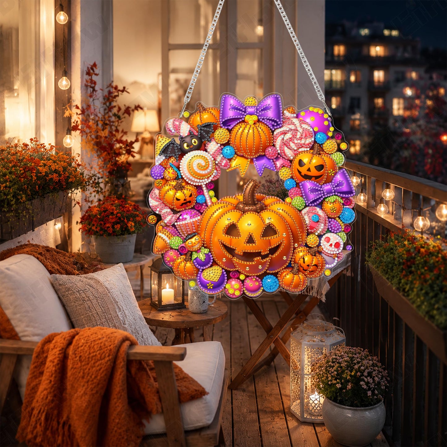 Eiflow Diamond Art Hanging Kit for Adults Candy Pumpkin, DIY Diamonds Pearl Painting Door Hanger Board Kit, Special Crystal Diamond Art Painting Pendant Ornament (Halloween Wreath)