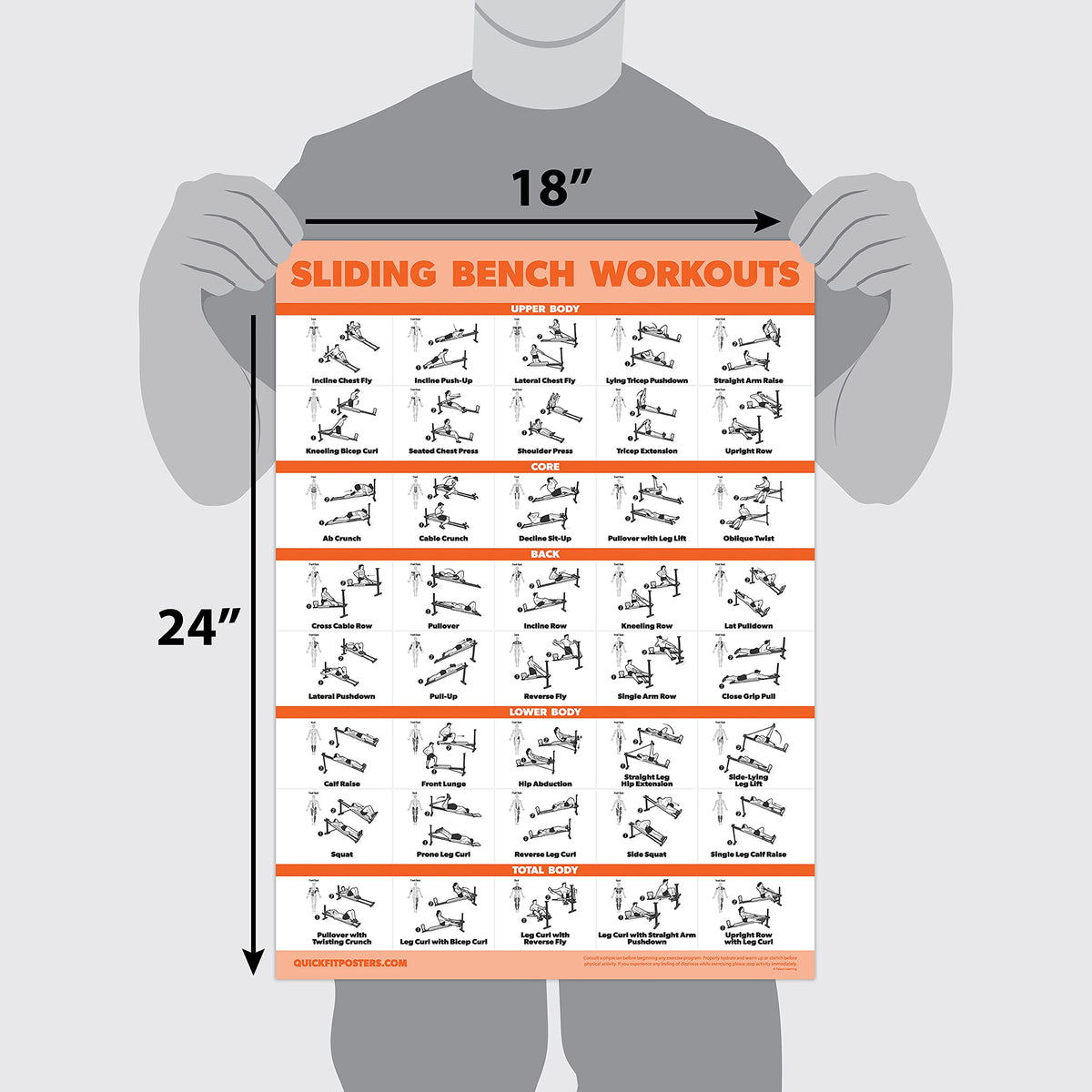 Palace Learning Sliding Bench Workout Poster - Compatible with Total Gym, Weider Ultimate Body Works - Incline Bench Exercise Chart [LIGHT] (LAMINATED, 18” x 24”)