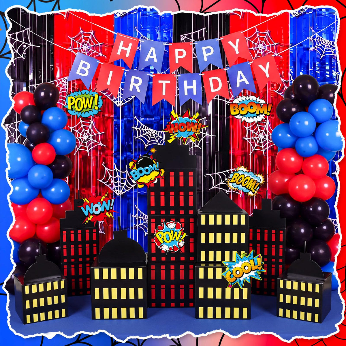 Sliner 47 Pcs Spider Web Birthday Decorations, Tinsel Foil Fringe Curtains Balloons Skyscraper City Boxes set, Spider Party Supplies Red Black Blue Photo Booth Prop Backdrop Streamer, Backdrop Decor