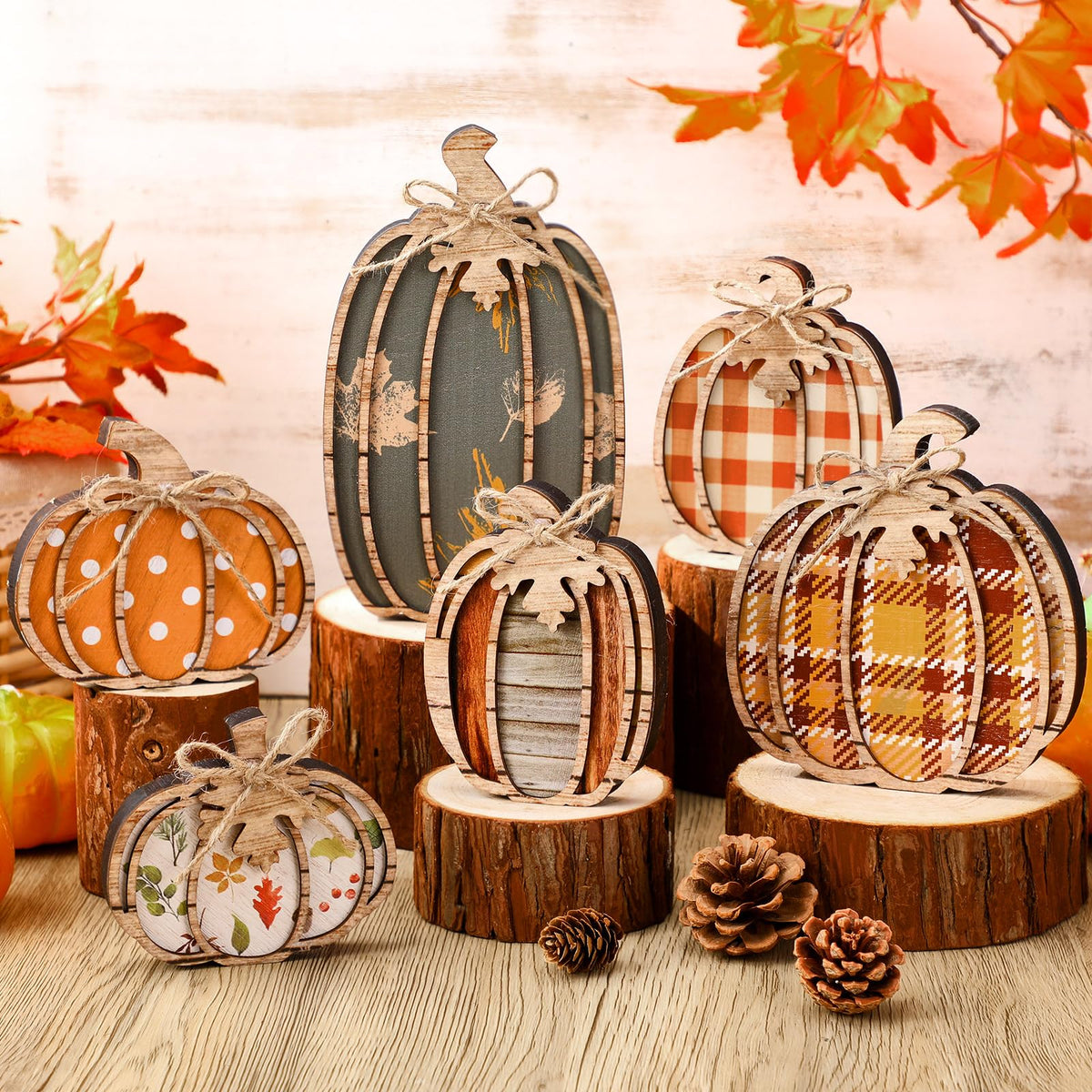 Leinuosen 6 Pcs Fall Pumpkin Decor Fall Decor for Home Pumpkin Wooden Block Sign Autumn Tiered Tray Decorations Thanksgiving Table Centerpieces Decorations for Harvest Party Home Shelf