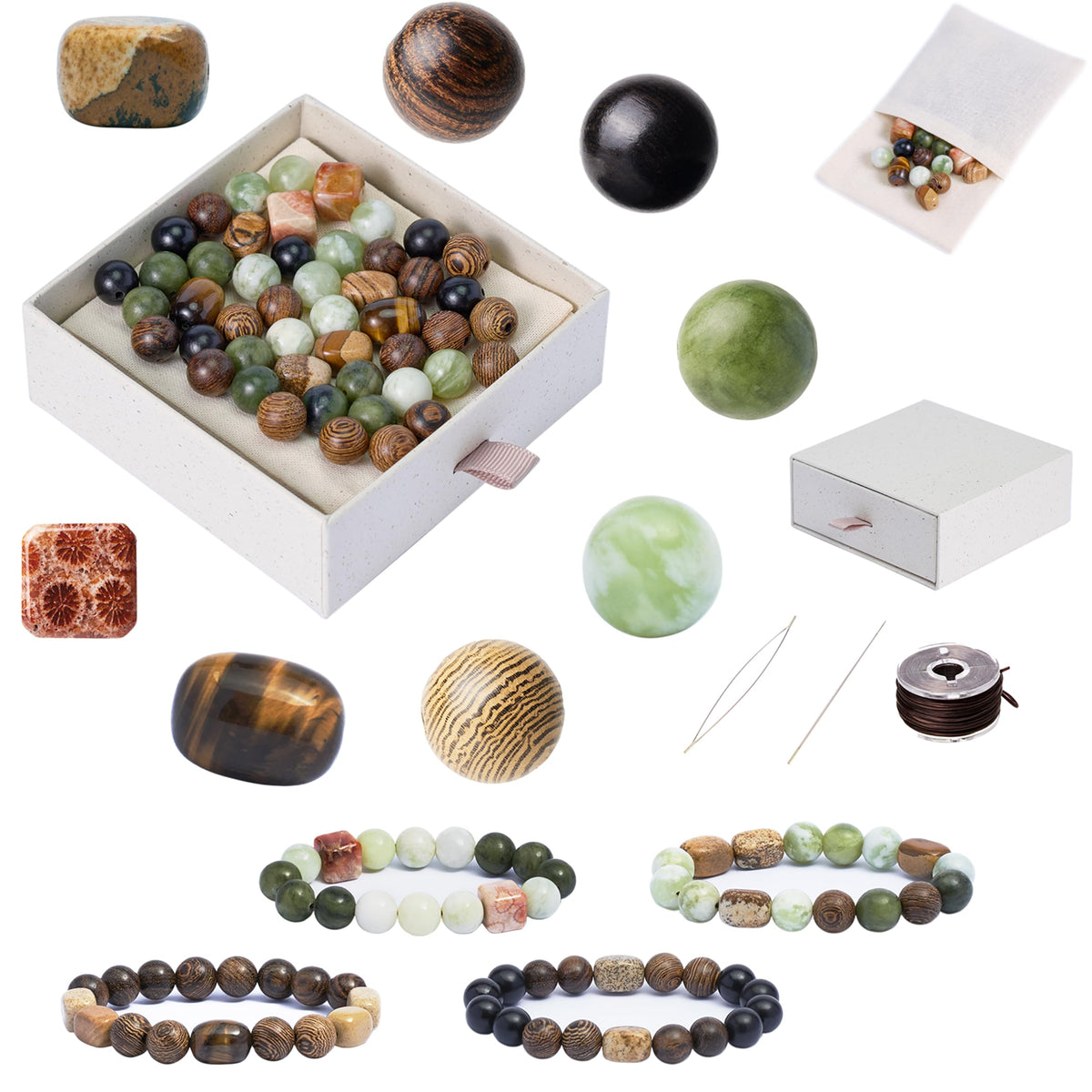 Geezon Navis Bracelet Making Kit - 10mm Natural Stone Beads with Wooden Beads - 48pcs Multicolor - DIY Jewelry Making Starter Kit Adult Men Women Birthday Mothers Day Gift Craft (48, Color A)