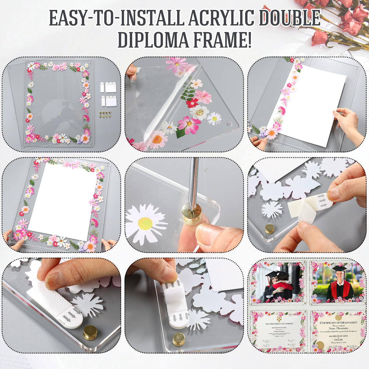 Novabright 2 Set 2026 8.5x11 Floral Acrylic Graduation Certificate Frame Pressed Flower Wall Mount Floating A4 Picture Frame Double Panel for Graduation Certificate Degree Document Memory Picture Gift