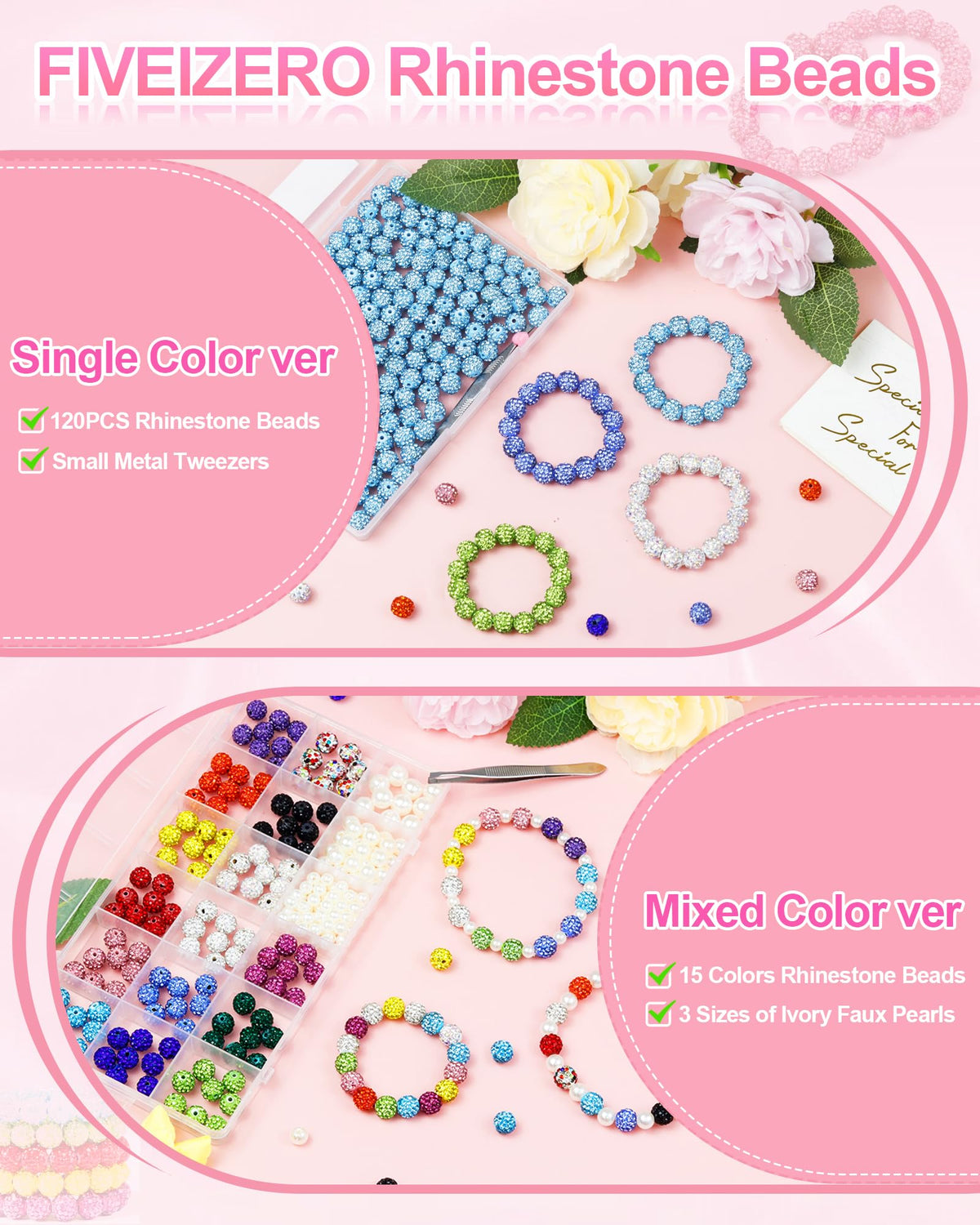 120PCS FIVEIZERO Rhinestone Beads for Jewelry Making, 10mm Dark Pink Shiny Round Sparkle Crystal Clay Beads Bulk Sparkly Baseball Necklace Bead for Bracelets and DIY Crafts
