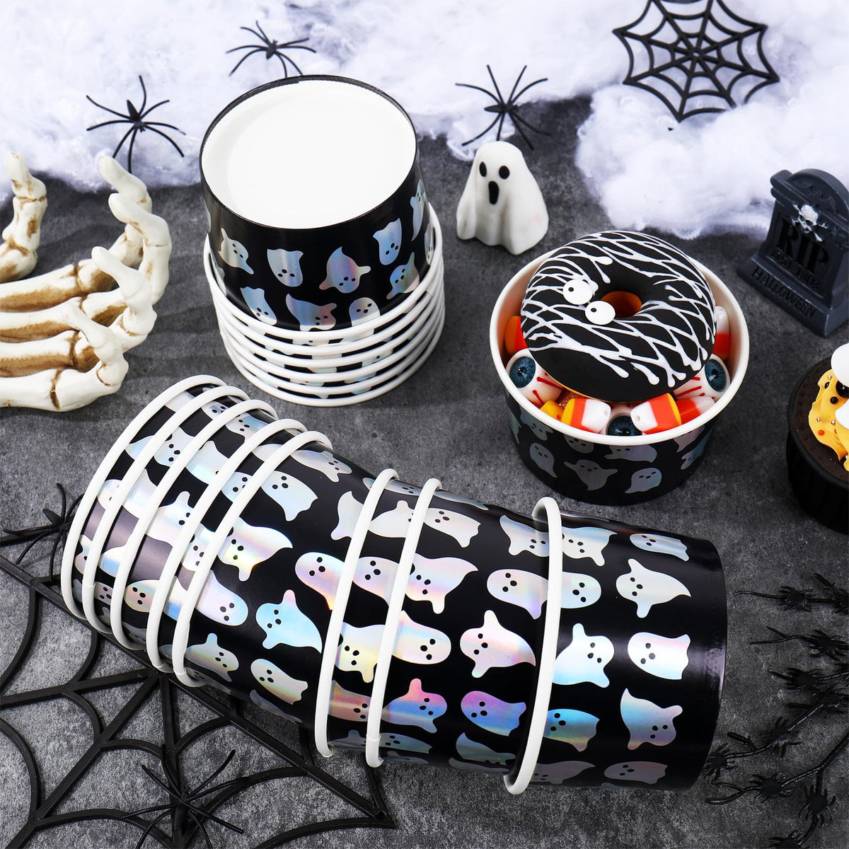 JarThenaAMCS 50Pcs Halloween Snack Cups Iridescent Ghost Candy Paper Treat Cups 8oz Cute Spooky Boo Disposable Dessert Soup Bowl for Hot or Cold Foods Halloween Fall Party Supplies