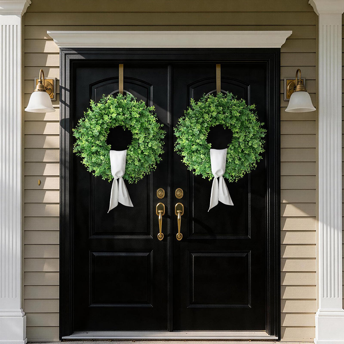 26" Artificial Eucalyptus Wreath with Sash for Front Door, Porch, Window - Large Faux Eucalyptus Leaves Greenery Outdoor Wreath for Home, Farmhouse Decor - Spring, Summer, All Seasons (Green)