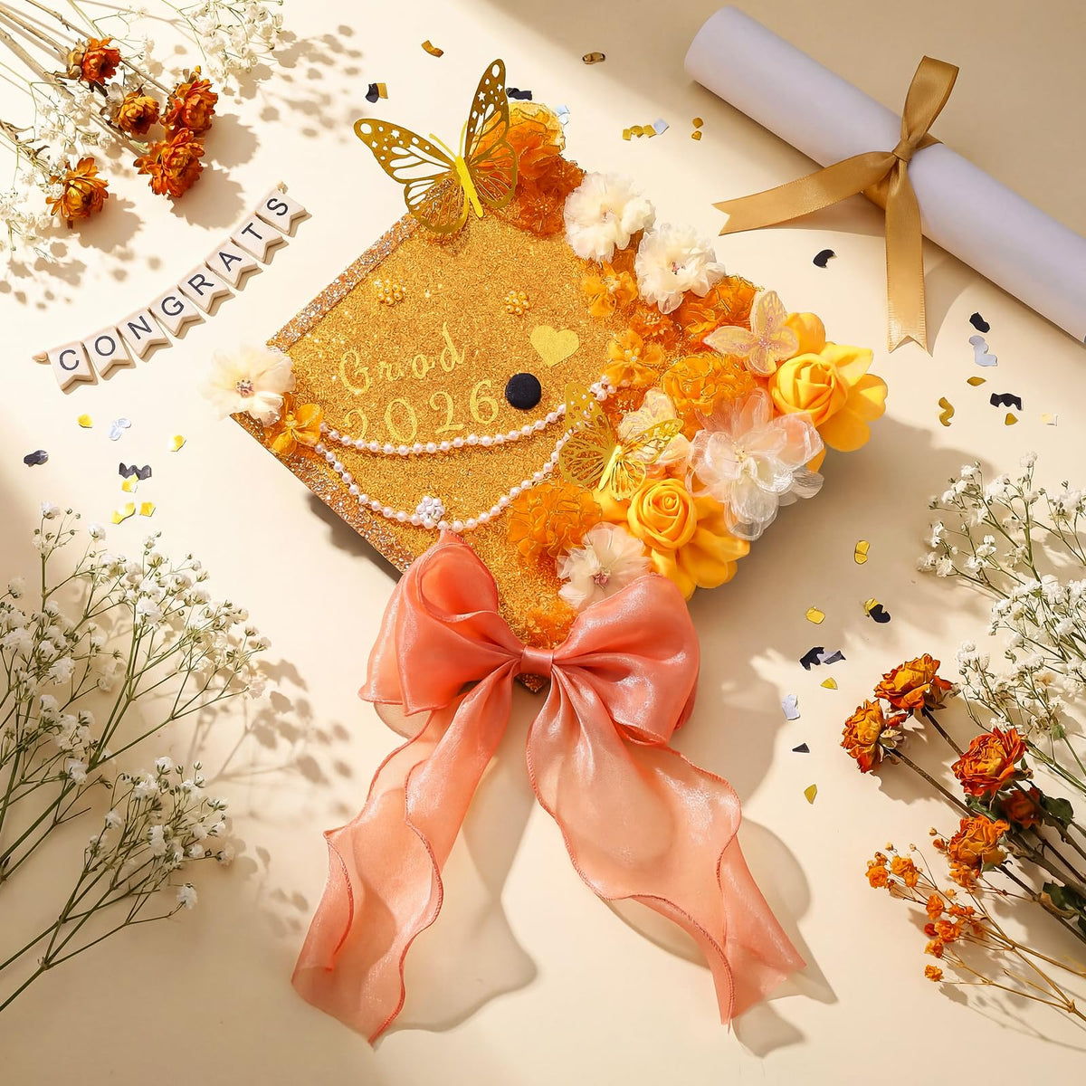 Wavwavw 58 Pcs DIY Graduation Cap Decorations Kit Grad Cap Decor Included Faux Flowers Bow Mesh 3D Butterfly Stickers, Adhesive Rhinestones, Glitter Letter Stickers, for 2026 Grad Party(Orange)