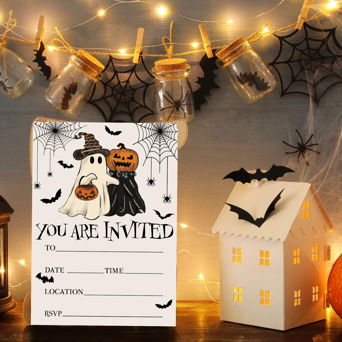 JarThenaAMCS 25 Sets Halloween Party Invitations with Envelopes Stickers Beige Black Pumpkin Ghost Bat Invites for Halloween Celebration, 5 x 7 Inch
