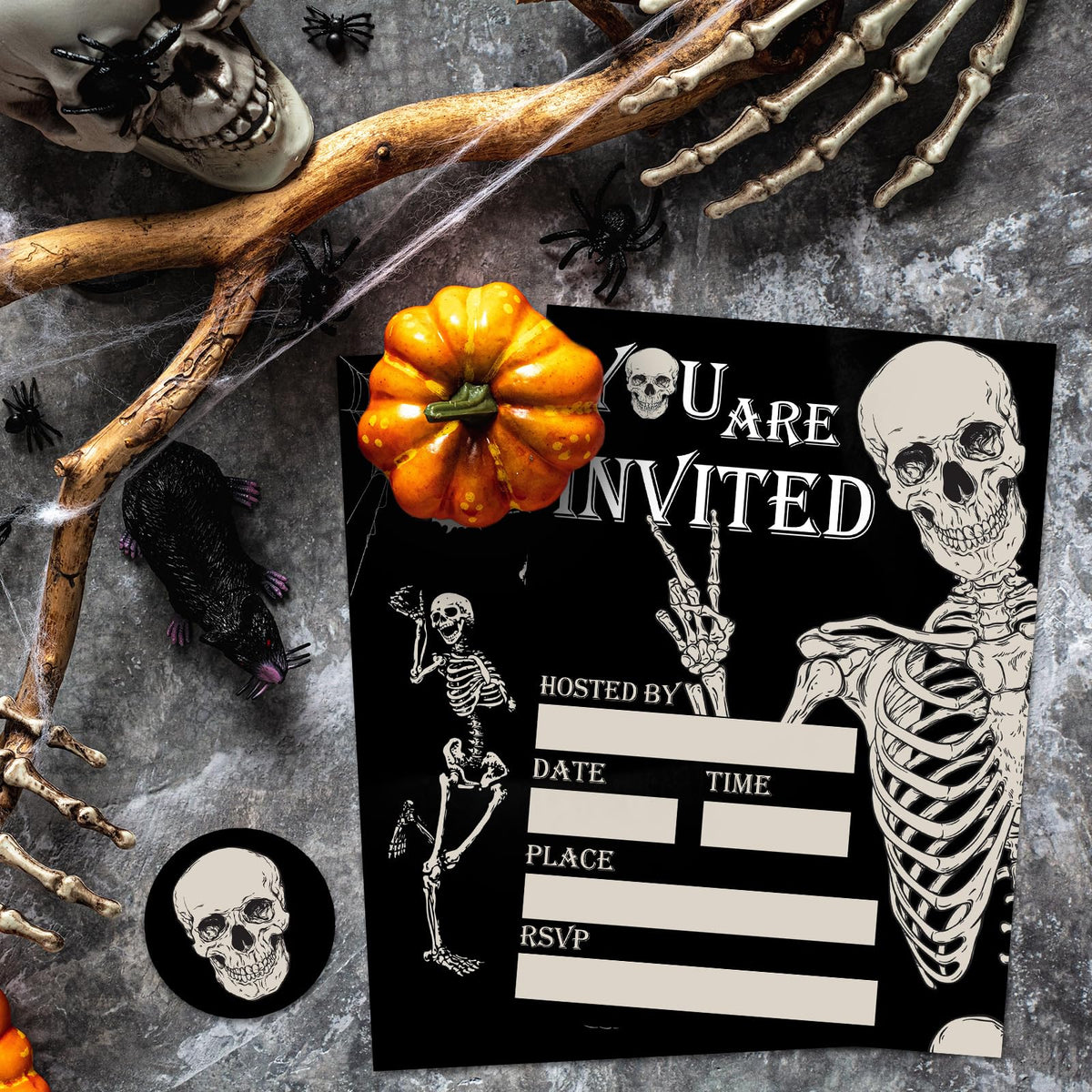 Whaline 25 Sets Halloween Invitations with Envelopes Stickers Black Dancing Skeleton Invitation Cards Blank Invites for Birthday Party Supplies, 5 x 7 Inch