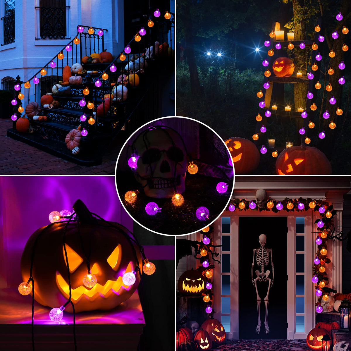 Lomotech Halloween Solar Lights - 72FT 100 LED Orange Purple String Lights Outdoor, 8 Modes Waterproof Crystal Globe Lights for Halloween Decoration