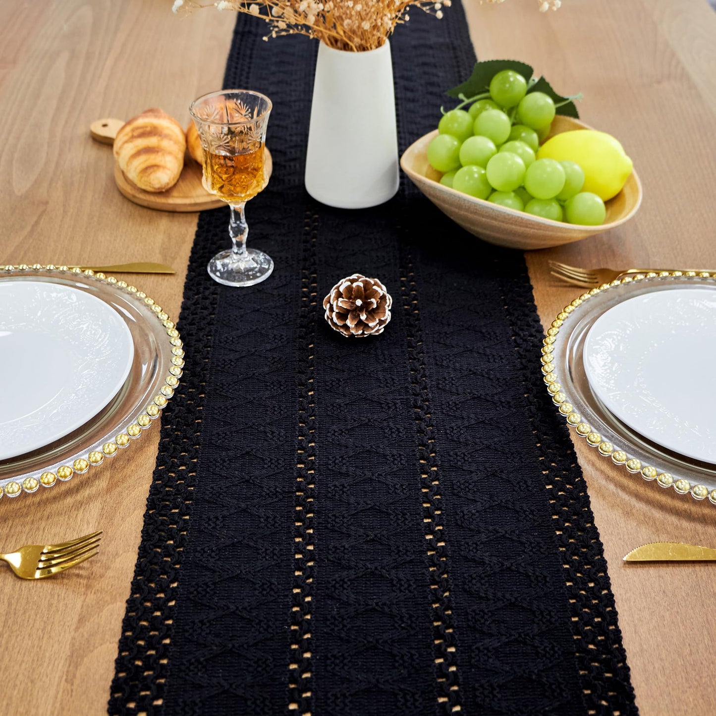 FEXIA Black Table Runner for Summer Home Decor with Tassels 108 Inches Long Farmhouse Rustic Black Halloween Table Runner Macrame Gothic Burlap Table Decoration for Living Room (12x108 Inches)