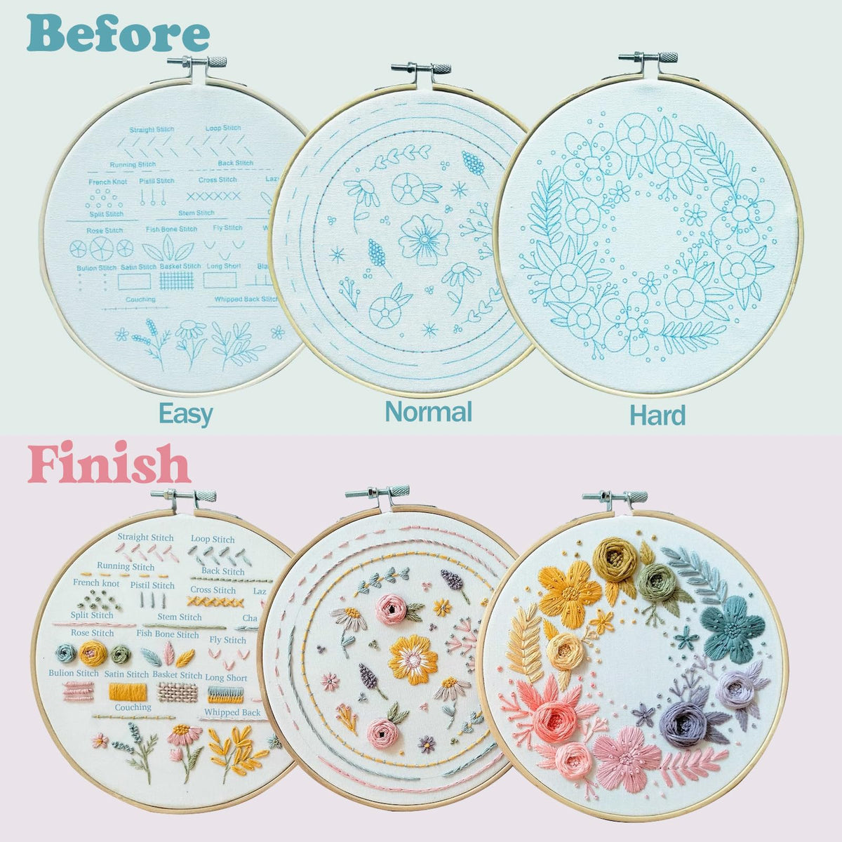 Embroidery Kit,3 Pack Embroidery Kit for Beginners With Step by Step Learn 22 Different Stitches from Instruction & Video,Stamped Embroidery Patterns,Hand Embroidery Kit for Adult, Stitches Kit