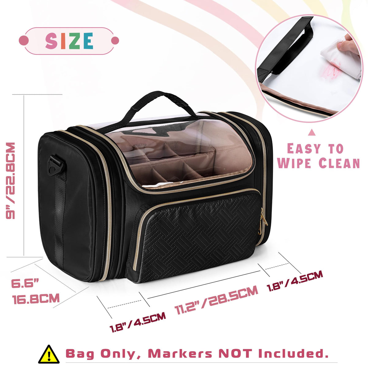Rexmica Marker Organizer Case Bag for 180-300 Markers, Large Marker Storage Bag with Detachable Divider for Adults, Marker Travel Holder Case Bag for Various Markers or Other Art Craft Supply, Black