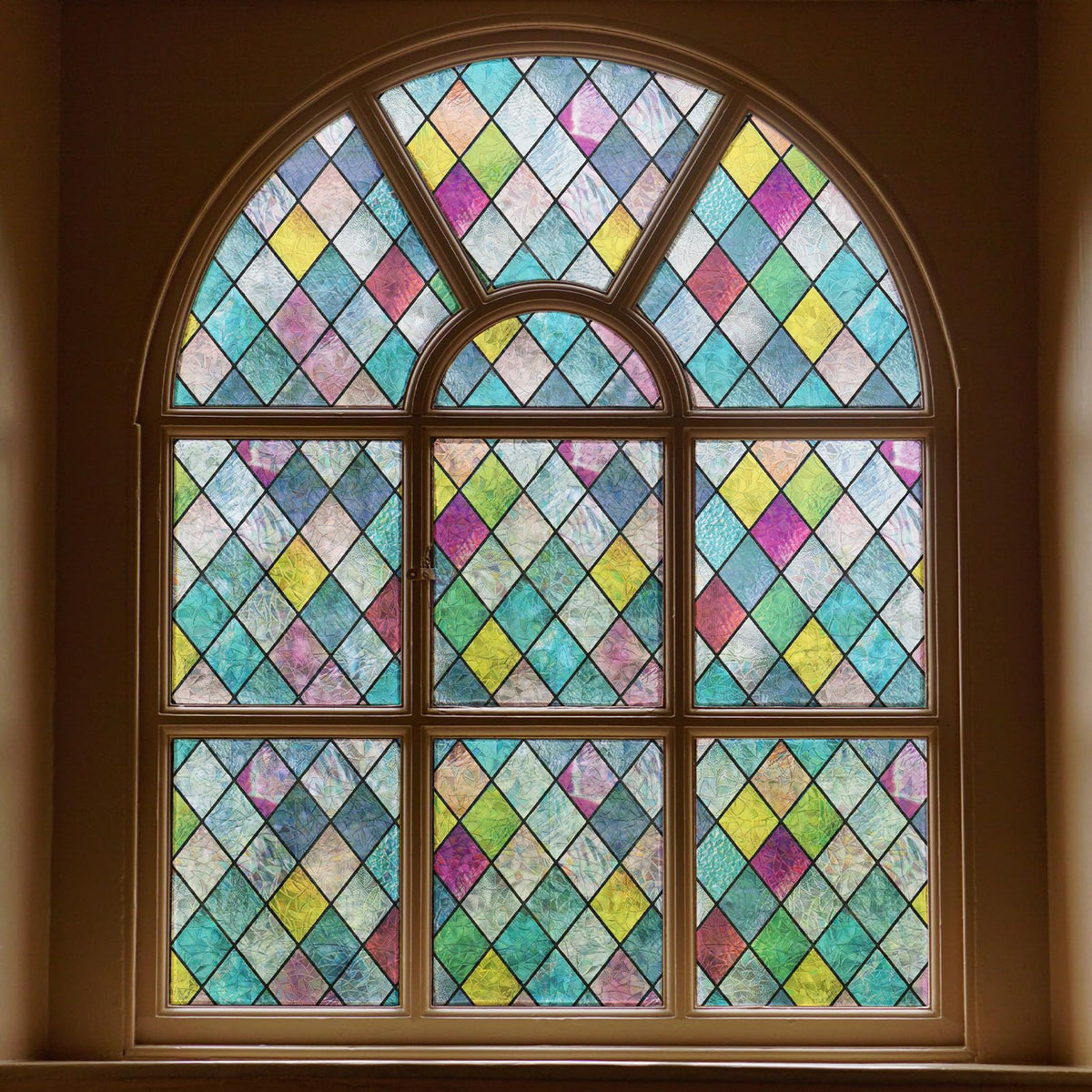 FEOMOS Stained Glass Window Film, Window Privacy Films, Colorful Lattice Window Tint, Rainbow Glass Decals Stickers for Home Anti UV 17.3x118 inches