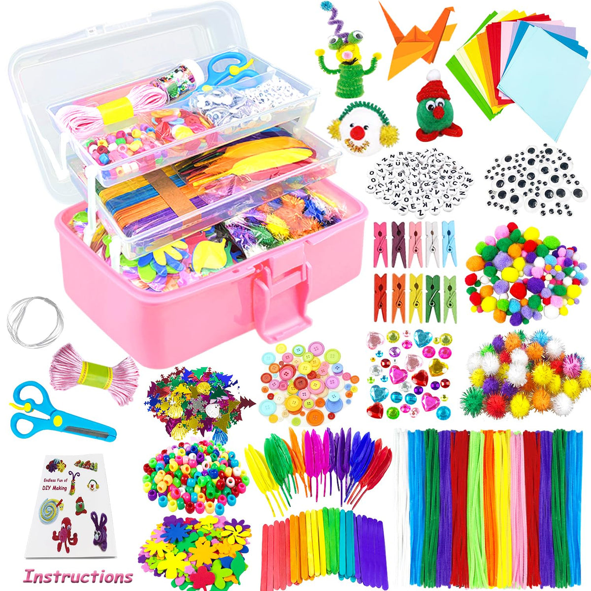VLUSSO Arts and Crafts Supplies for Kids DIY Craft Kits Art Supplies Materials Kids Crafts Set with Pipe Cleaners Craft Box Preschool Homeschool Toys Gift for Boys and Girls Age 4 5 6 7 8