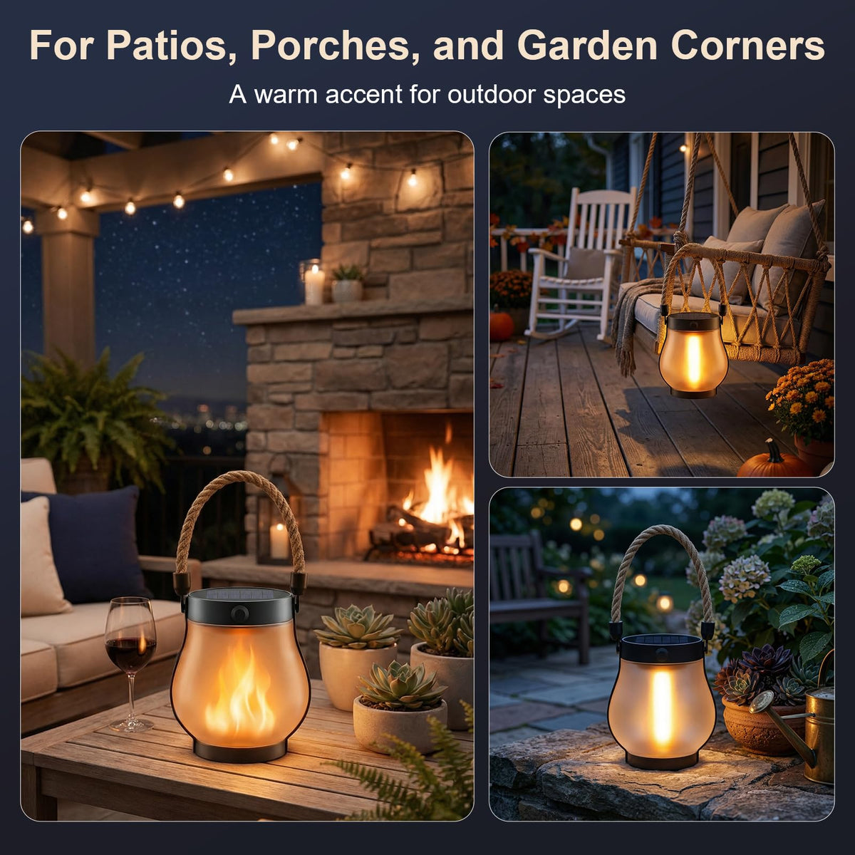 Solar Lanterns Outdoor Waterproof 4 Pack, Outdoor Solar Lanterns with Flickering Flame Effect, USB-C & Solar Charging, Auto Dusk to Dawn, Hanging Light for Garden Patio Yard