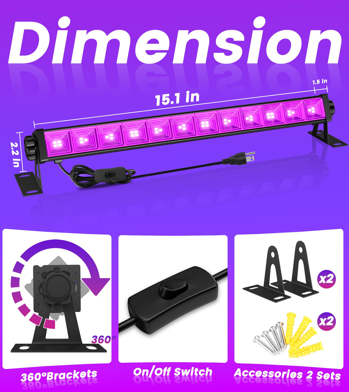 TigQiang 2 Pack 42W LED Black Light Bar, Blacklight with 6FT Cord+Switch+Plug, Glow in The Dark Black Lights Party Supplies,Halloween Lighting Decorations, Fluorescent Poster, Body Paint, Classroom