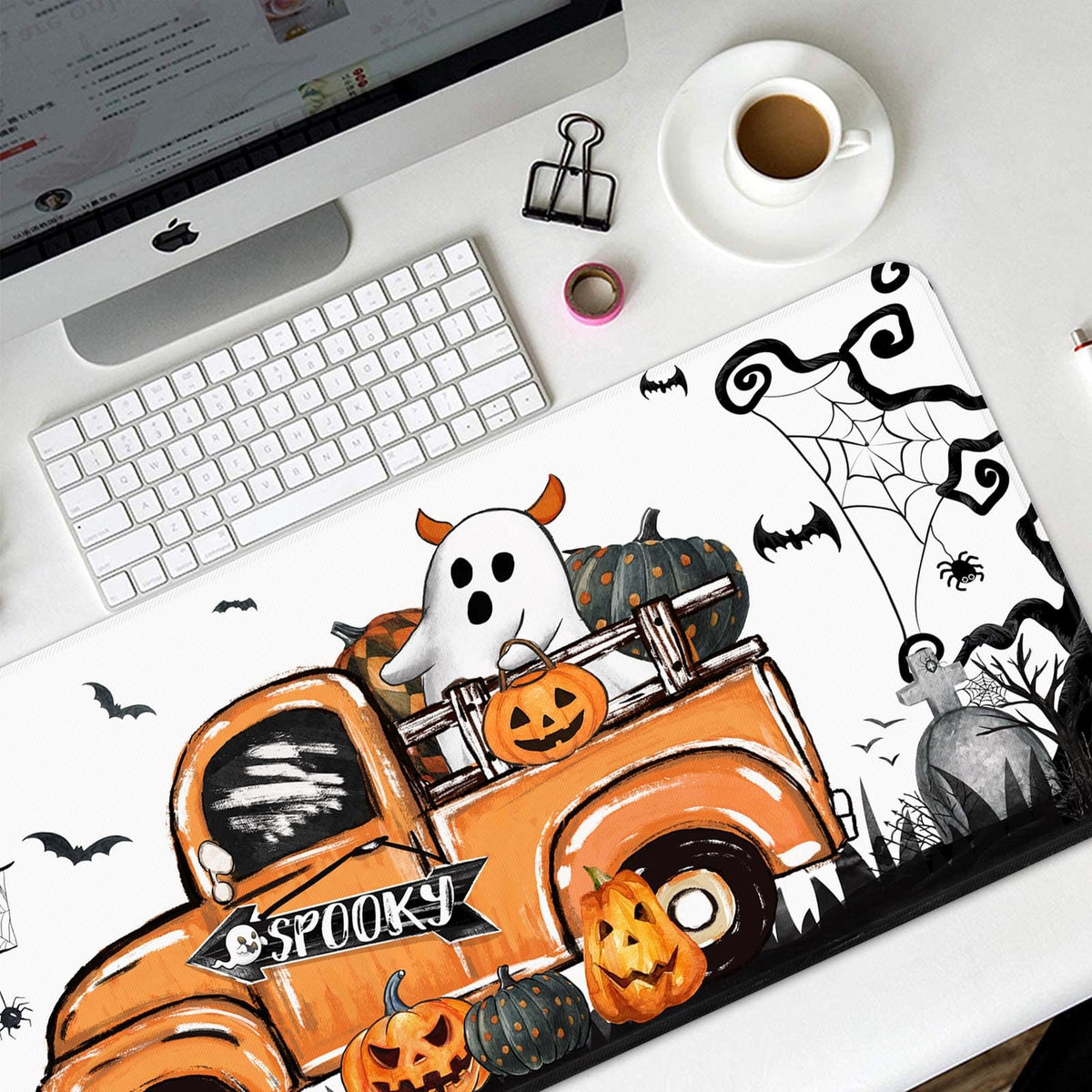 Britimes Halloween Ghost Truck Large Mouse Pad Non-Slip Desk Pad Keyboard and Mouse Desk Mat Spooky Bat Pumpkin Gaming Mousepad for Game,Office & Home,31.5 x 15.7 in