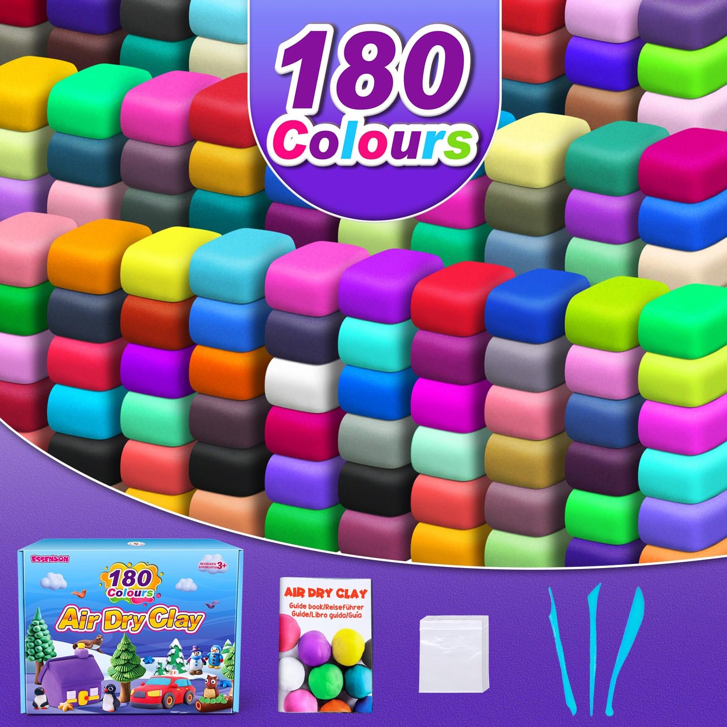 ESSENSON Air Dry Clay 180 Colors, Modeling Clay for Kids, DIY Molding Magic Clay for with Tools, Toys Gifts for Age 3 4 5 6 7 8+ Years Old Boys Girls Kids