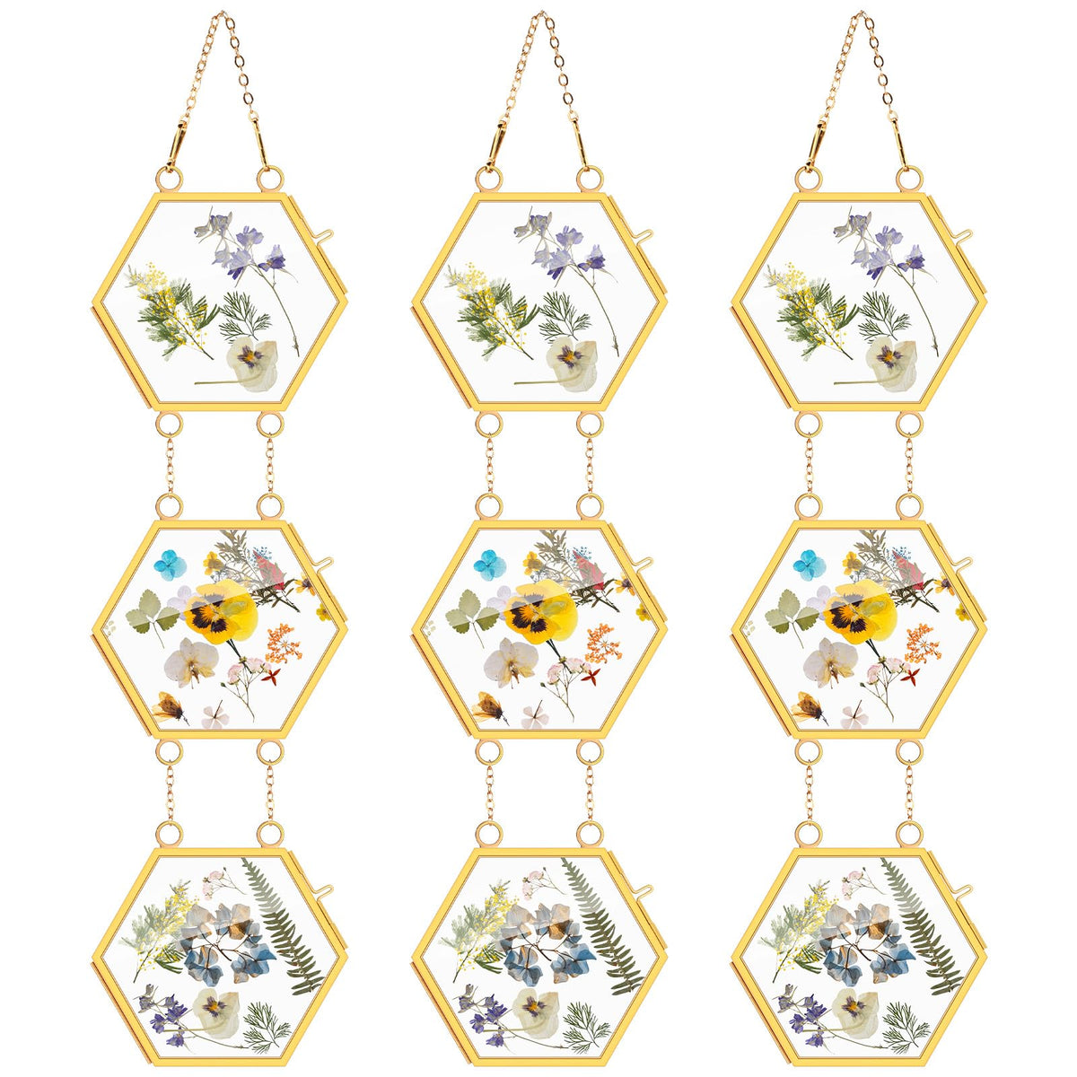 Marsui 3 Set Double Glass Frame Collage For Pressed Flowers with 9 Pcs 4 x 3 Inch Openings Gold Hanging Glass Floating Photo Frames for Artwork Display Photo Modern Home Wall Decor